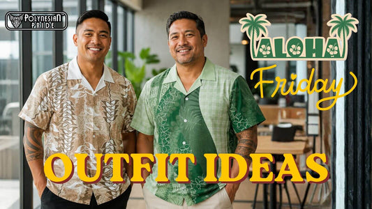 Two men wearing stylish green and beige aloha shirts with tropical patterns, showcasing modern Aloha Friday outfit ideas for men.