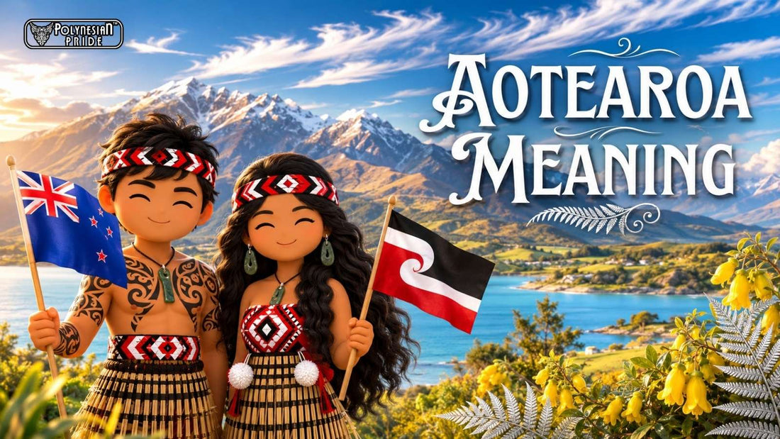 Aotearoa meaning illustrated with Māori culture and New Zealand mountain scenery.