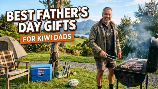 Kiwi dad cooking on a barbecue outdoors with camping gear, fishing equipment, and Father's Day gift guide text in a New Zealand countryside setting.