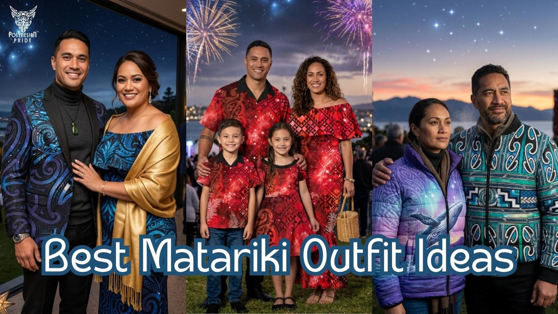Family and couples wearing Māori-inspired Matariki outfits