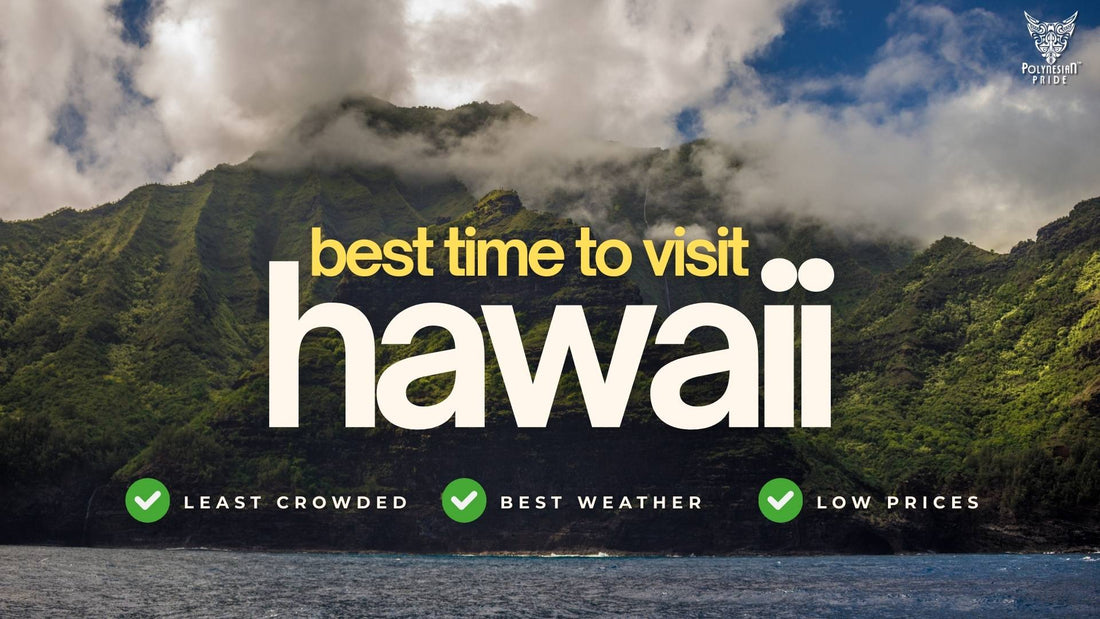 Lush green Hawaiian mountains partially covered by clouds with text overlay reading “best time to visit hawaii” and icons highlighting least crowded, best weather, and low prices.