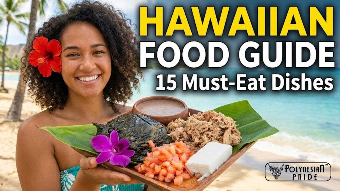 Smiling woman on a Hawaiian beach holding a wooden tray of traditional Hawaiian foods, including laulau, poi, shredded pork, and diced salmon, with the text “Hawaiian Food Guide: 15 Must-Eat Dishes” displayed above.