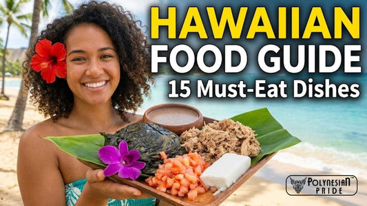 Smiling woman on a Hawaiian beach holding a wooden tray of traditional Hawaiian foods, including laulau, poi, shredded pork, and diced salmon, with the text “Hawaiian Food Guide: 15 Must-Eat Dishes” displayed above.