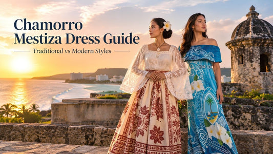 Two women posing in traditional and modern Chamorro Mestiza dress styles with a tropical sunset and historical stone sentry tower in the background.