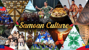 Samoan culture collage showing traditional dance, fire knife performance, ‘ava ceremony, communal food, tapa cloth patterns, family life, music, sport, and Samoan language around a central “Samoan Culture” title.