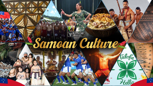 Samoan culture collage showing traditional dance, fire knife performance, ‘ava ceremony, communal food, tapa cloth patterns, family life, music, sport, and Samoan language around a central “Samoan Culture” title.