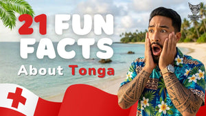 Man reacting with surprise on a tropical beach in Tonga with text ‘21 fun facts about Tonga’