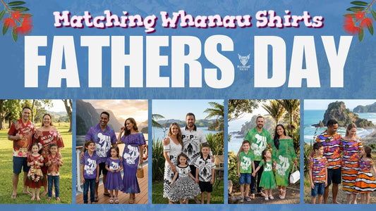 Father’s Day matching whānau shirts featuring coordinated Polynesian-inspired family outfits in multiple styles.