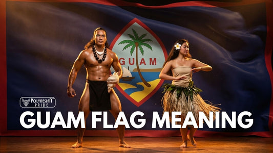 CHamoru cultural performers standing in front of the Guam flag