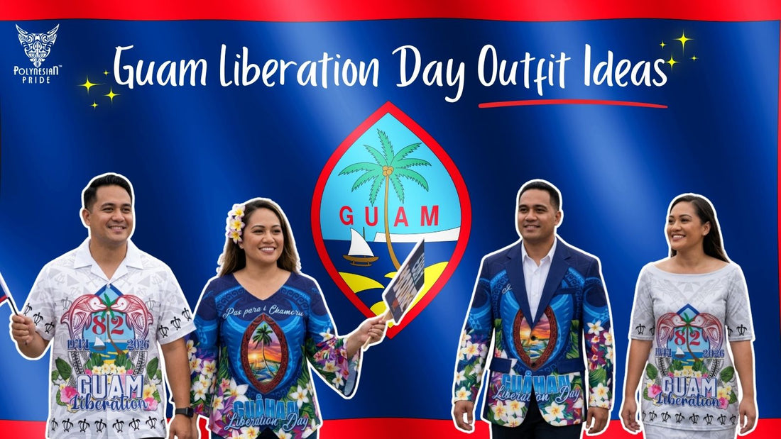 Guam Liberation Day outfit ideas featuring Chamoru-inspired shirts, dresses, and a patriotic blazer in Guam flag colors.