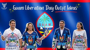 Guam Liberation Day outfit ideas featuring Chamoru-inspired shirts, dresses, and a patriotic blazer in Guam flag colors.