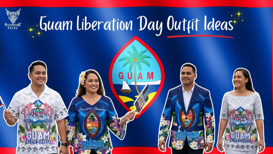 Guam Liberation Day outfit ideas featuring Chamoru-inspired shirts, dresses, and a patriotic blazer in Guam flag colors.