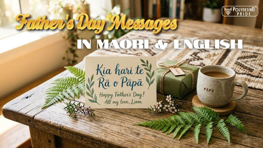Decorative Father’s Day greeting card on a rustic wooden table featuring Māori and English messages alongside a wrapped gift and coffee mug.