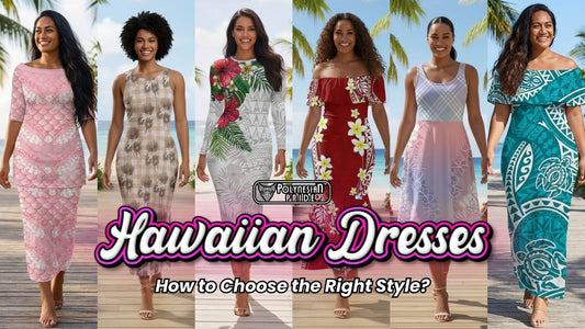 Six women walking along a tropical boardwalk wearing fitted Hawaiian dresses in different colors and prints, including floral, geometric, and Polynesian-inspired patterns, with palm trees and ocean in the background.