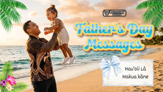 Father lifting his child on a Hawaiian beach with “Father’s Day Messages” text overlay.