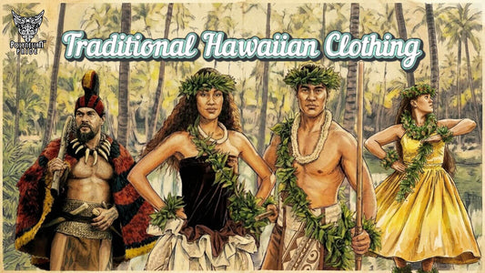 Illustration of traditional Hawaiian clothing showing men and women wearing malo, pāʻū, lei, and ceremonial adornments
