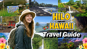 Backpacker exploring Hilo Hawaii surrounded by waterfalls, black sand beaches, volcano views, and local markets on the Big Island