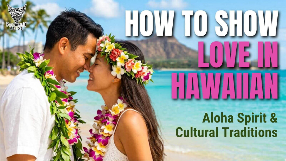 Couple wearing leis smiling on a Hawaiian beach, representing aloha love and connection