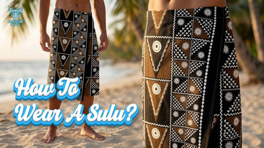 Man wearing a patterned Fijian sulu on a tropical beach, showing the finished look.