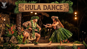Traditional Hawaiian Hula dance performance with male and female dancers wearing leaf costumes on a tropical stage