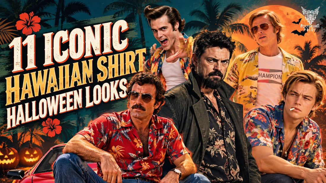 Hawaiian shirt Halloween costume ideas featuring Magnum P.I., Ace Ventura, Billy Butcher, Cliff Booth, and Romeo in their iconic outfits.