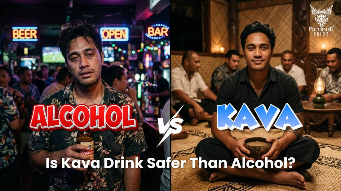 Alcohol vs kava side-by-side comparison showing nightlife drinking versus calm kava session