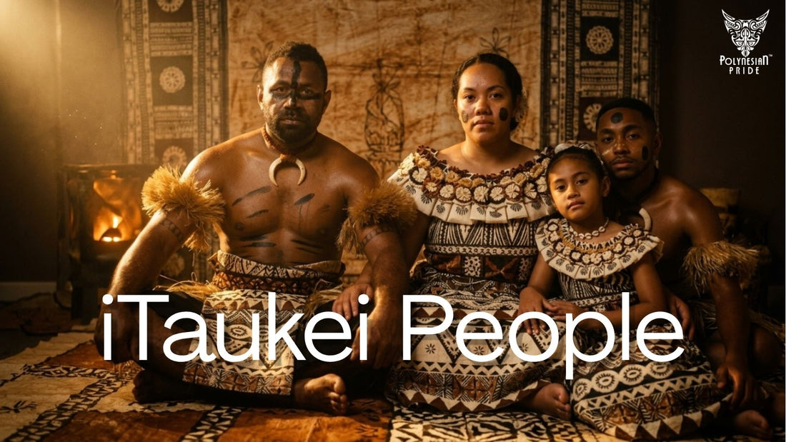 Portrait of an iTaukei family wearing traditional Fijian clothing and cultural attire