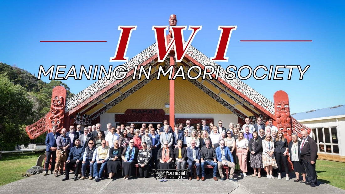 Māori community gathered outside a wharenui with the words Iwi Meaning in Māori Society