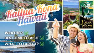 Collage showing Kailua-Kona Hawaii with coastal views, coffee farms, historic village scenes, and travelers exploring the Big Island