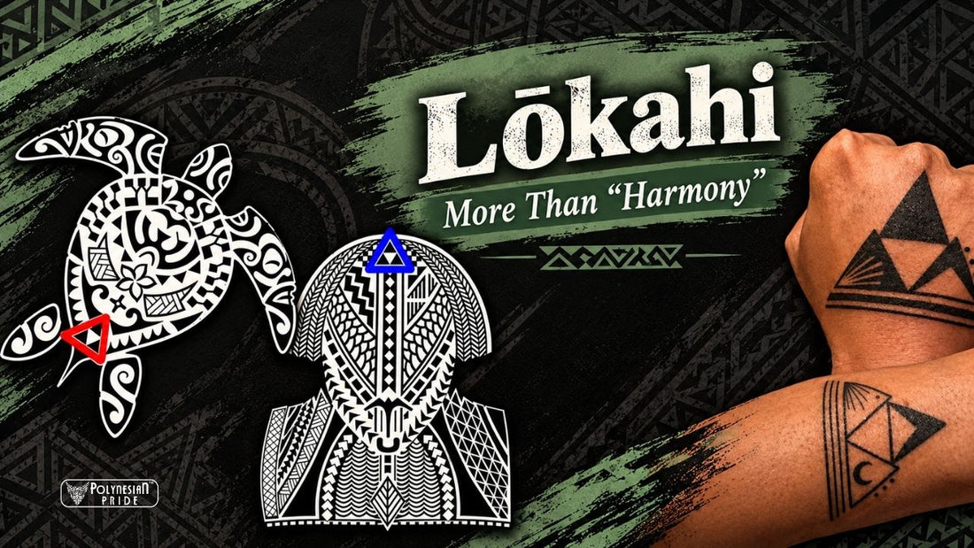Polynesian tattoo art graphic titled Lōkahi More Than Harmony featuring a tribal sea turtle, chest pattern motif, and forearm tattoos.