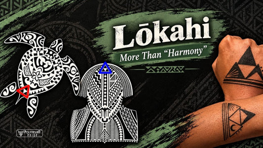 Polynesian tattoo art graphic titled Lōkahi More Than Harmony featuring a tribal sea turtle, chest pattern motif, and forearm tattoos.