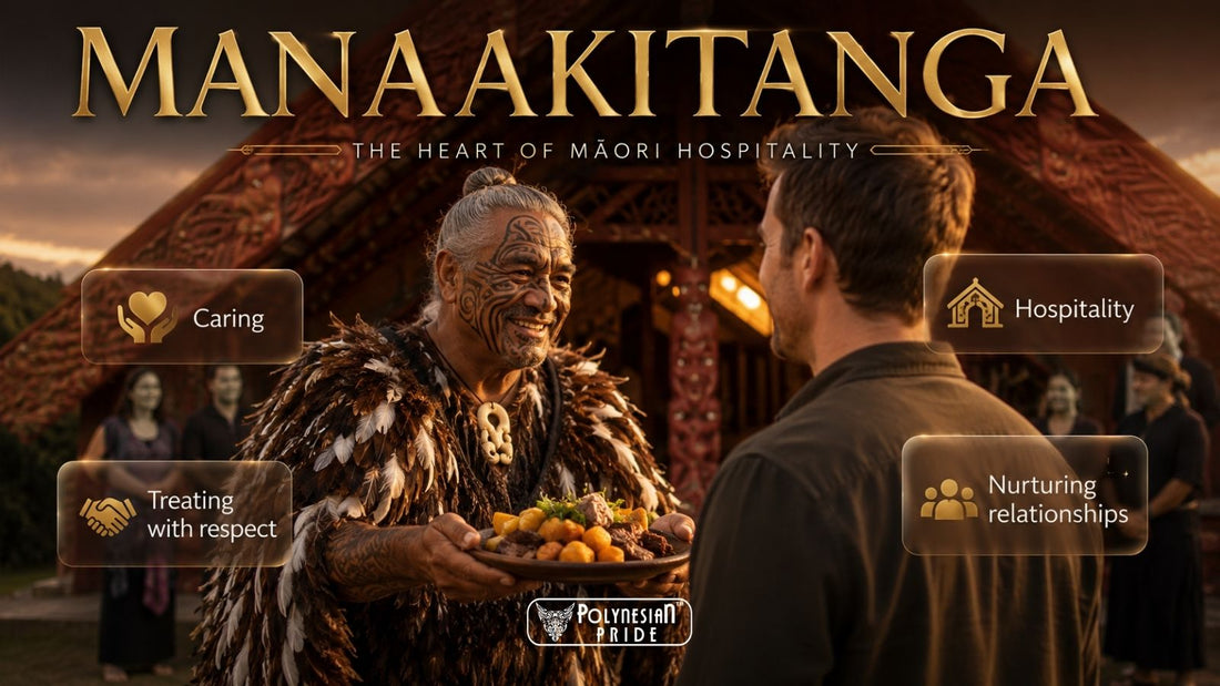 A Māori host welcoming a visitor with food outside a marae