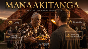 A Māori host welcoming a visitor with food outside a marae