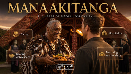A Māori host welcoming a visitor with food outside a marae