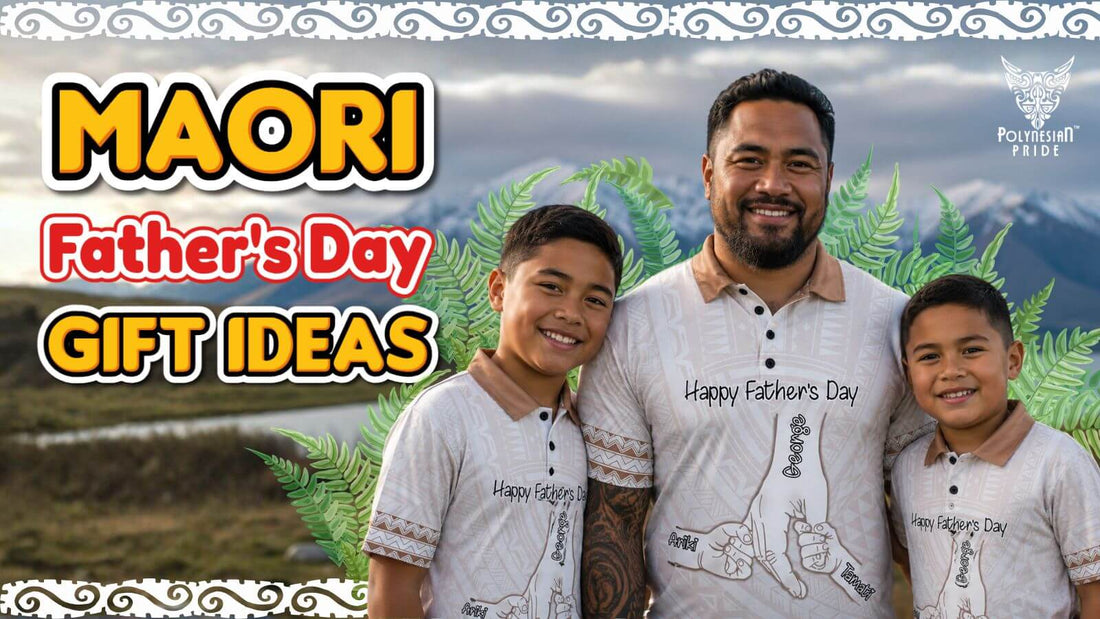 Māori father and children wearing matching Father's Day shirts outdoors in New Zealand
