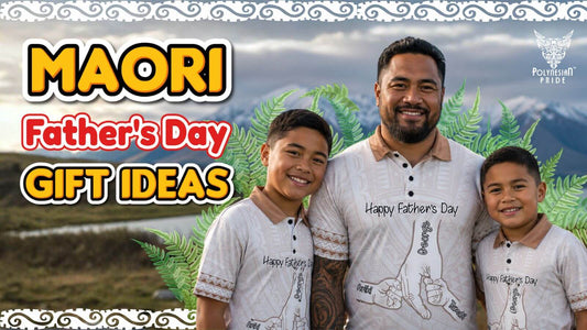 Māori father and children wearing matching Father's Day shirts outdoors in New Zealand