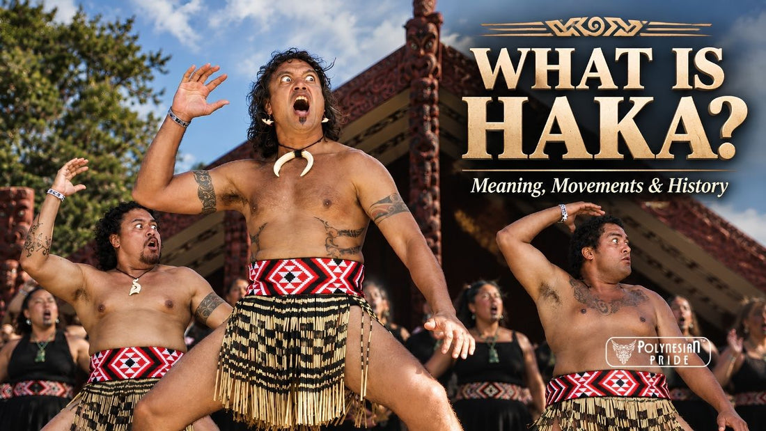Māori performers execute a Haka dance in front of a carved wooden meeting house with text reading WHAT IS HAKA?