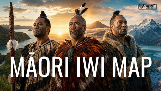 Māori iwi map guide featuring Māori figures and landscapes of Aotearoa New Zealand