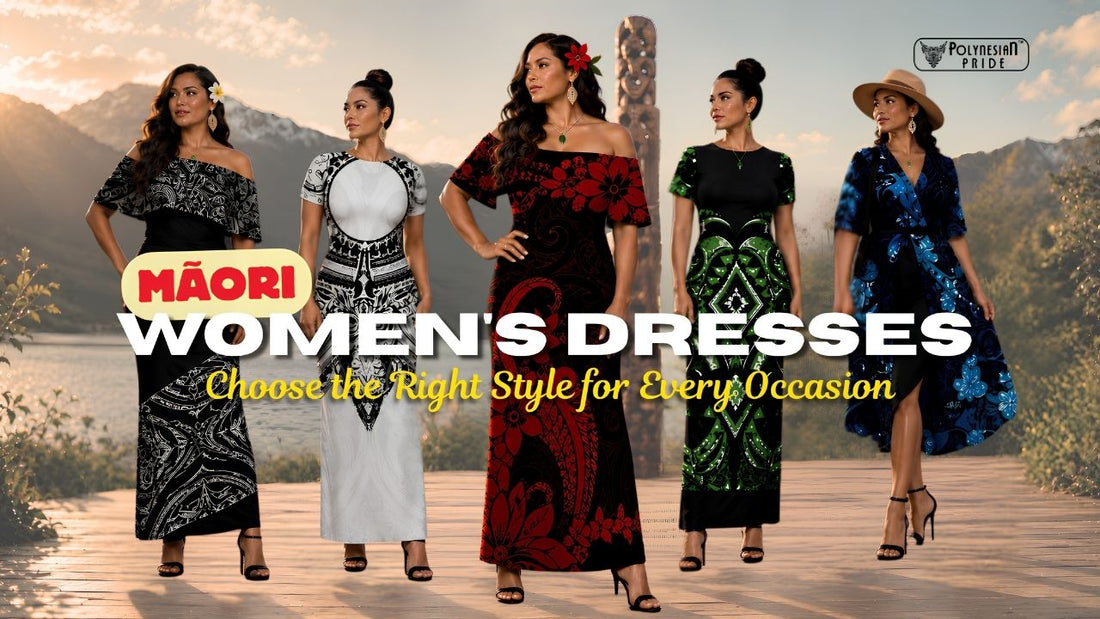 Five women modeling Polynesian Pride Māori women's dresses featuring traditional tribal and floral patterns against a scenic outdoor mountain backdrop.