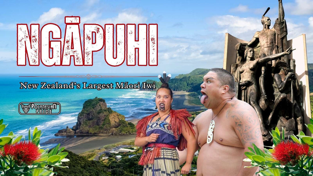 Ngāpuhi Māori cultural scene with Northland landscape and the words New Zealand’s Largest Māori Iwi