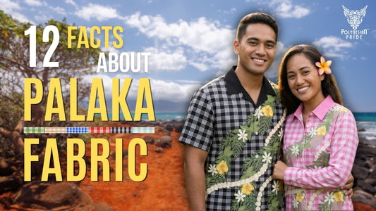Couple wearing modern Palaka-inspired clothing featuring Hawaiian lei designs