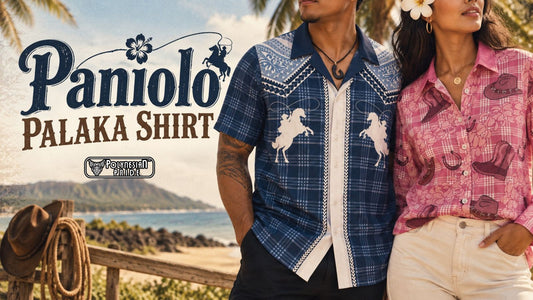 Modern Paniolo-inspired Palaka shirts featuring Hawaiian and cowboy motifs