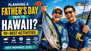 Father and son deep-sea fishing in Hawaii holding a large tuna on a boat