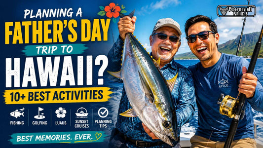 Father and son deep-sea fishing in Hawaii holding a large tuna on a boat