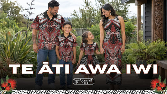 Family of four wearing matching red, black and white Te Āti Awa-inspired outfits beneath a “Te Āti Awa Iwi” headline.