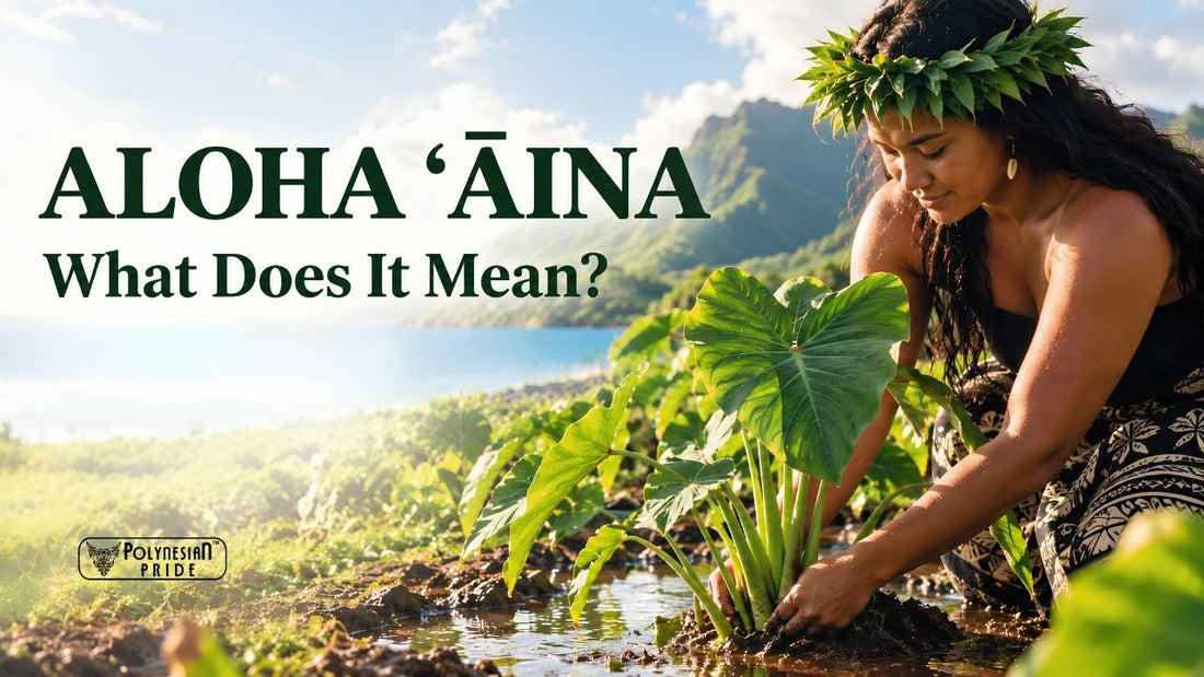 Woman wearing a traditional Hawaiian leaf crown (lei poʻo) planting taro (kalo) in a lush valley with overlay text reading "ALOHA ʻĀINA What Does It Mean?"