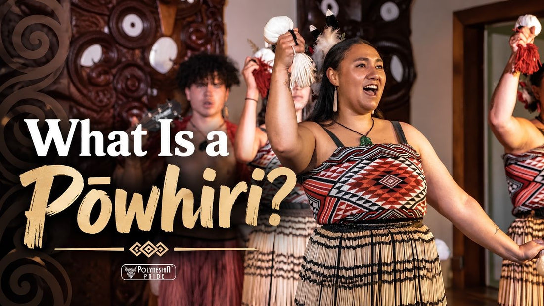 Māori performers in traditional woven attire performing a pōwhiri welcome ceremony with poi inside a carved wharenui.