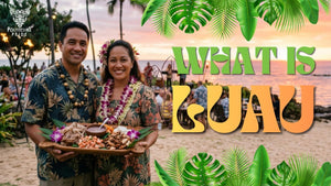 Couple holding traditional Hawaiian food at a beach luau