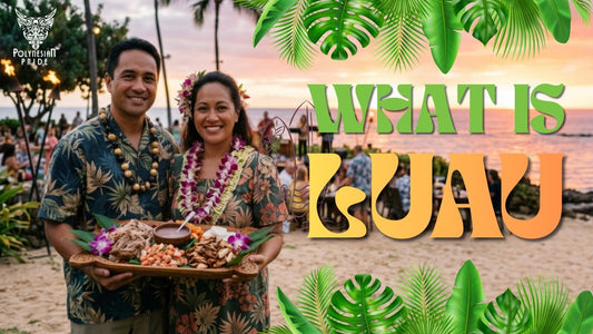 Couple holding traditional Hawaiian food at a beach luau