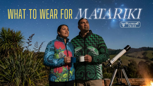 Couple wearing Māori-inspired jackets while stargazing during a Matariki celebration under the night sky.